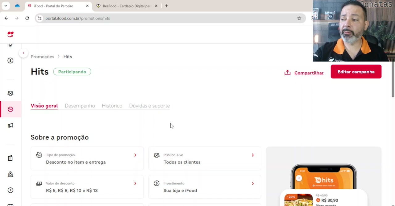 Painel do iFood mostrando a tela do HITS, com Jonatas explicando ao vivo